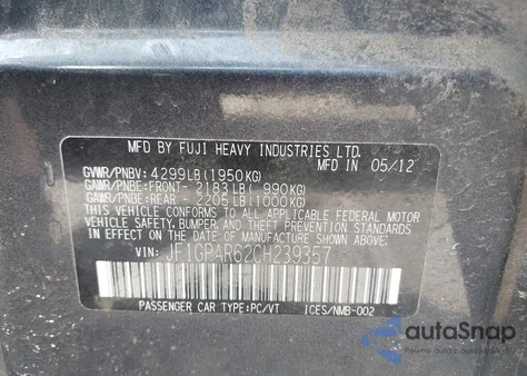 2012 Subaru Impreza 2.0I Sport Limited from USA, damaged, VIN JF1GPAR62CH239357